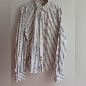 Hollister Men's XL button-down collared long sleeve logo shirt, white and gray